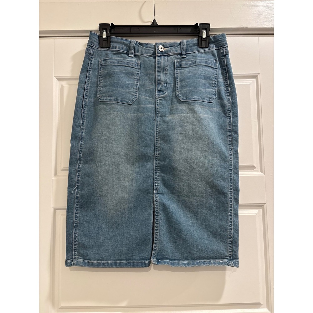 Spoon Jeans Womens Size 7 Denim Midi Skirt Medium Wash Front Slit Pencil Skirt
